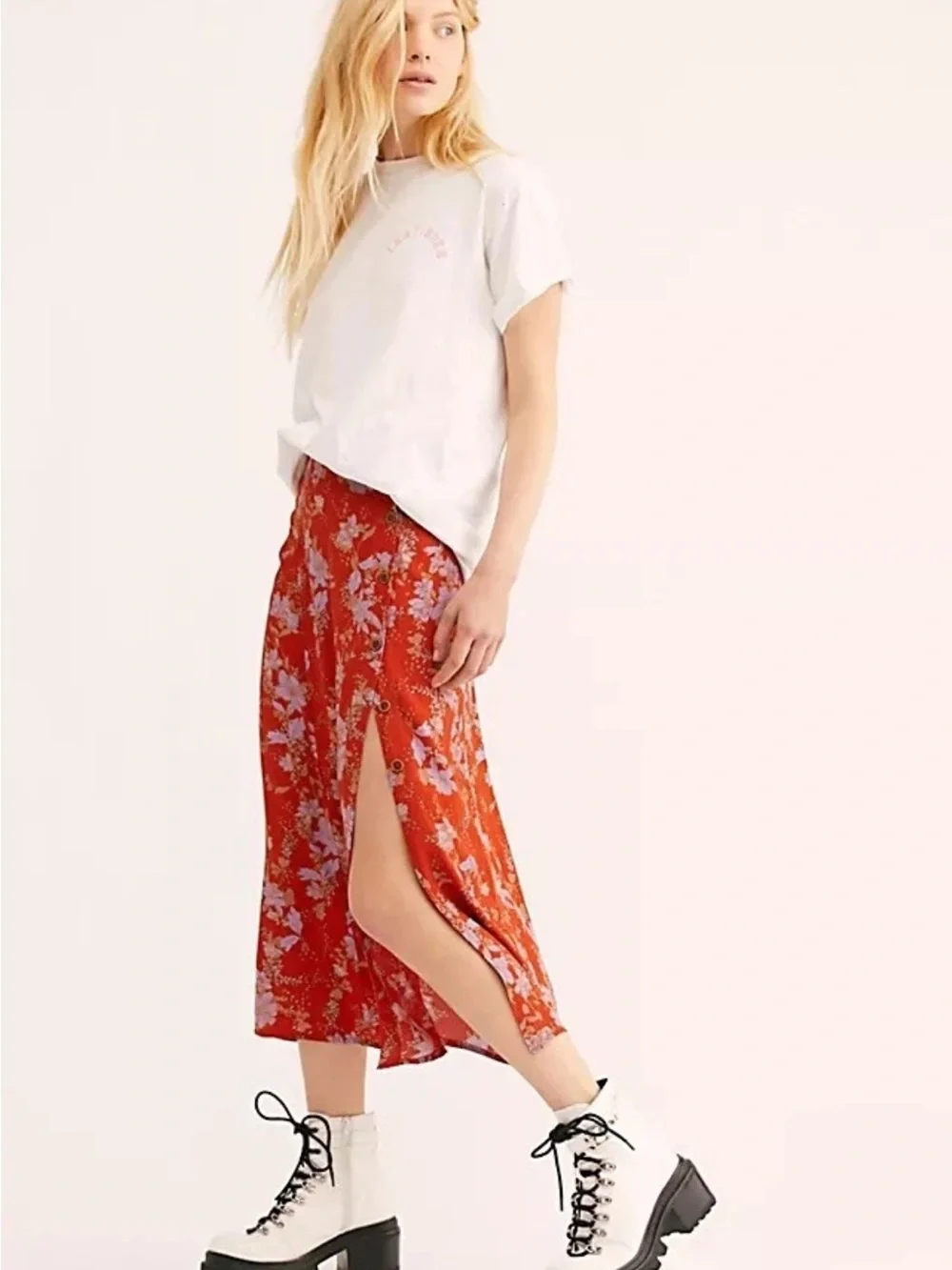 Free People Red Floral Midi Skirt with Front Slit Size L 100 Viscose